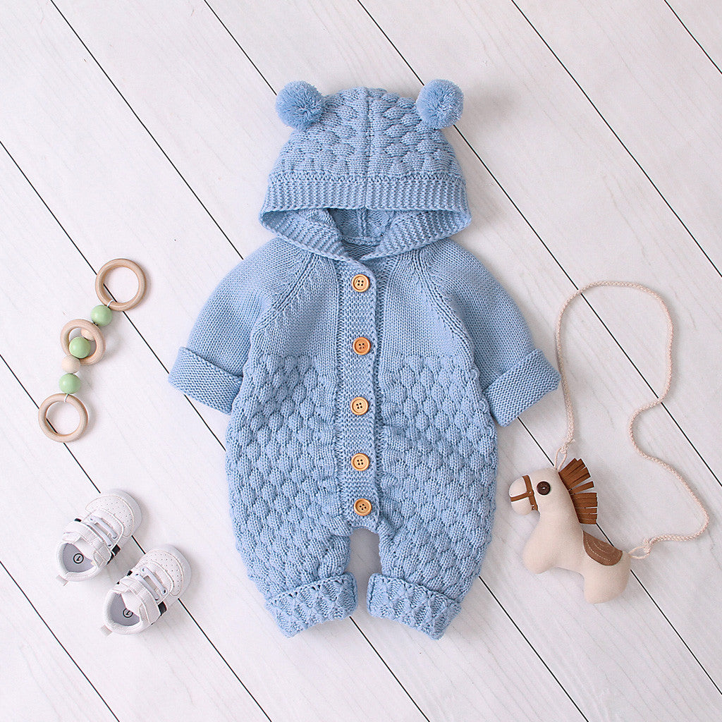 Children's three-dimensional fur ball hooded solid color knitted jumpsuit