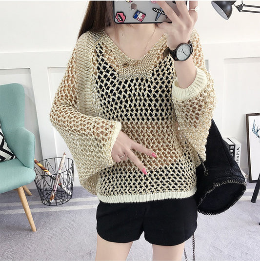 Mesh shirt hollow V-neck women's pullover thin loose and slimming bat sleeve loophole T-shirt for women