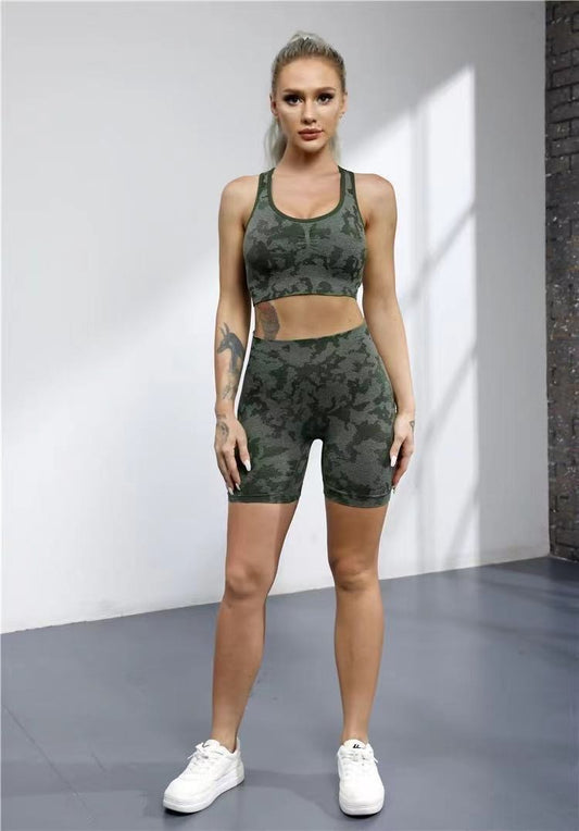 New camouflage seamless herringbone bra flat angle pants camouflage bra shorts three part pants set