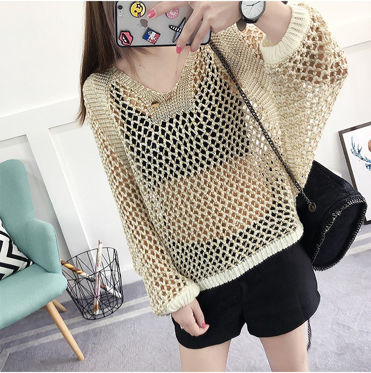 Mesh shirt hollow V-neck women's pullover thin loose and slimming bat sleeve loophole T-shirt for women