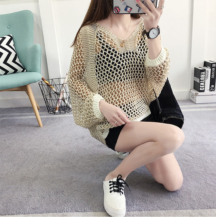 Mesh shirt hollow V-neck women's pullover thin loose and slimming bat sleeve loophole T-shirt for women