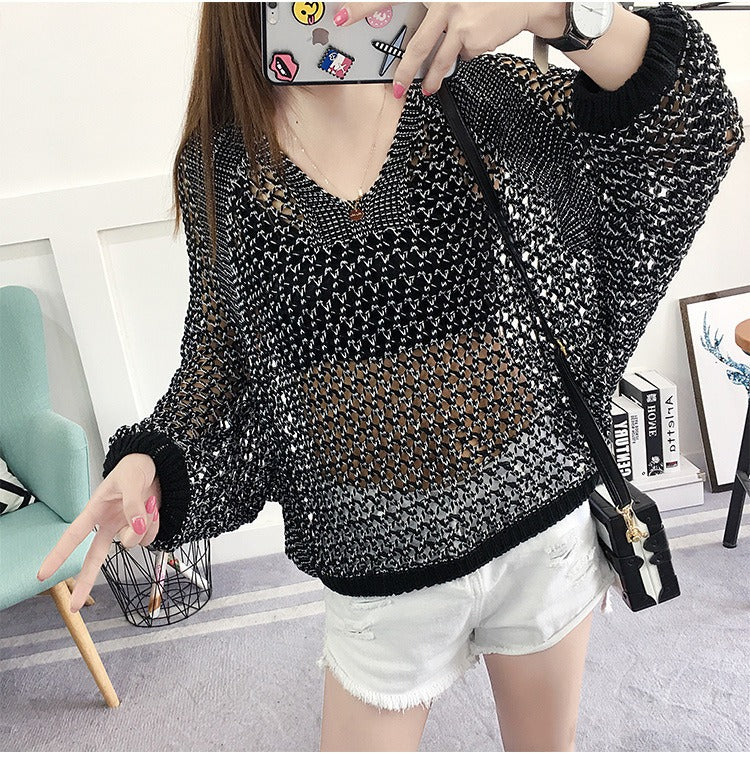 Mesh shirt hollow V-neck women's pullover thin loose and slimming bat sleeve loophole T-shirt for women