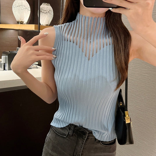 High necked hollowed out knitted camisole for women's spring/summer design slimming bottom shirt