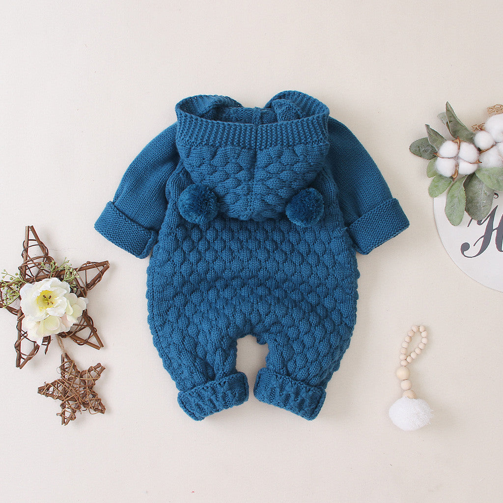 Children's three-dimensional fur ball hooded solid color knitted jumpsuit