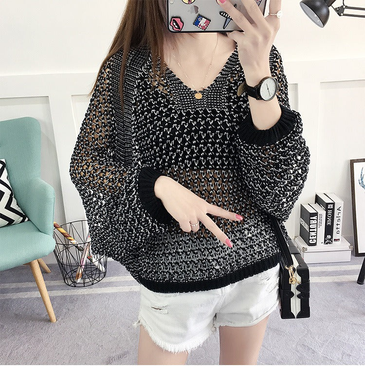 Mesh shirt hollow V-neck women's pullover thin loose and slimming bat sleeve loophole T-shirt for women