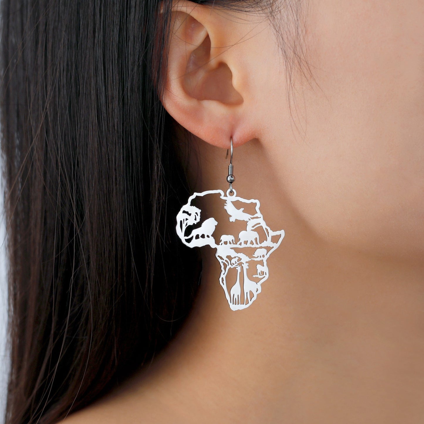 African Map Women's Pendant Earrings Animal Elephant Giraffe Tassel Earrings Stainless Steel